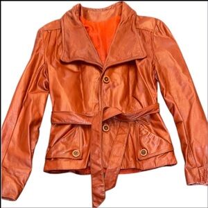 🟢 Vintage 1980s/1990s Rust Orange Belted 100% Leather Jacket